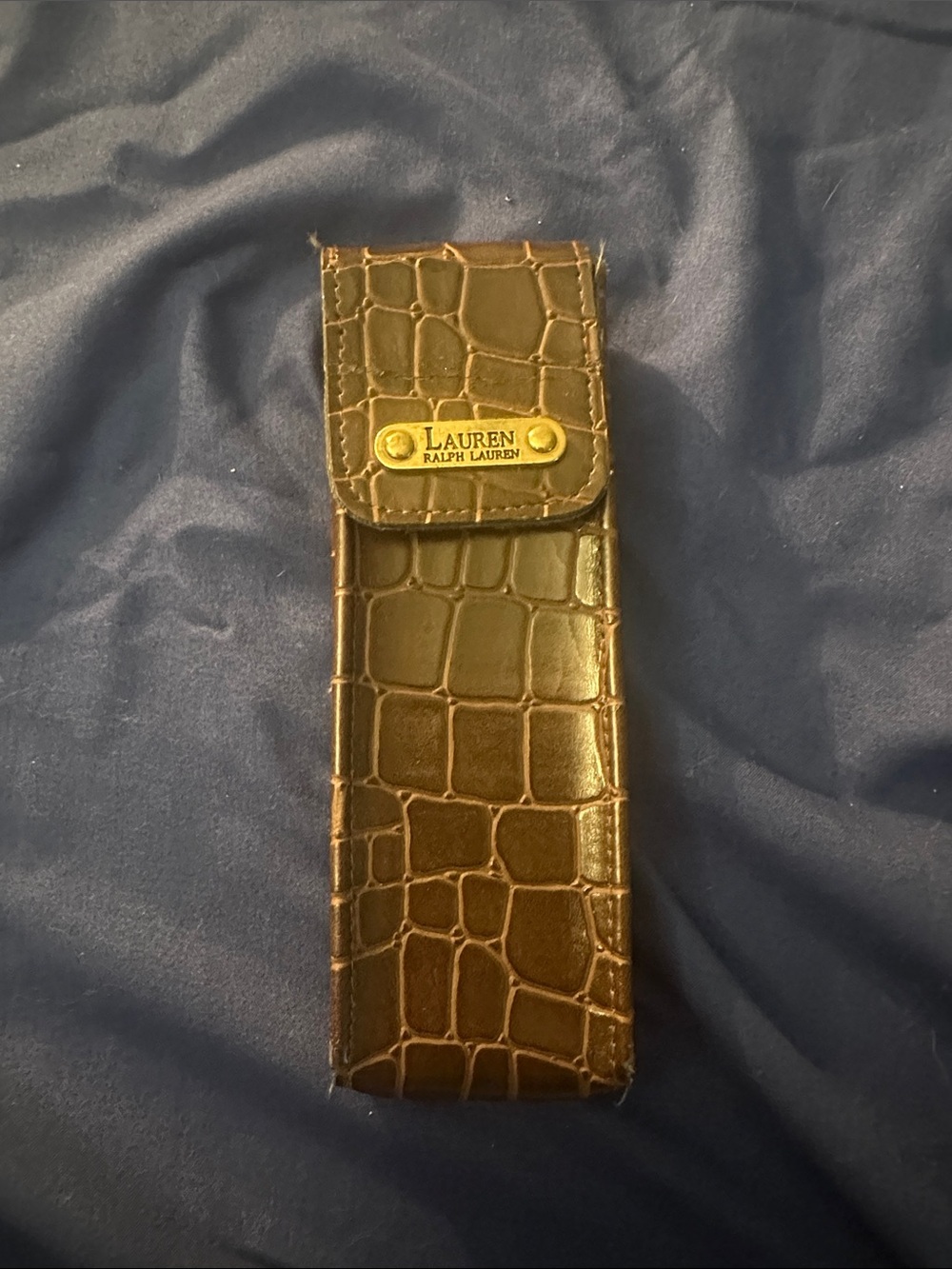 Lauren Ralph Lauren Brown Croc-Embossed Sunglass Pouch with Gold Plaque